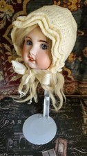 ANTIQUE  CROCHETED BONNET RUFFLED SILK TIE STRINGS FOR COMPOSITION BISQUE DOLL