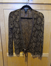 Boho Lace Kimono Sheer Floral Open Front Tie Waist Brown Women s Medium Cardigan
