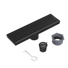 12-Inch Black Linear Shower Drain with Removable Quadrato Pattern Grate,Profe...