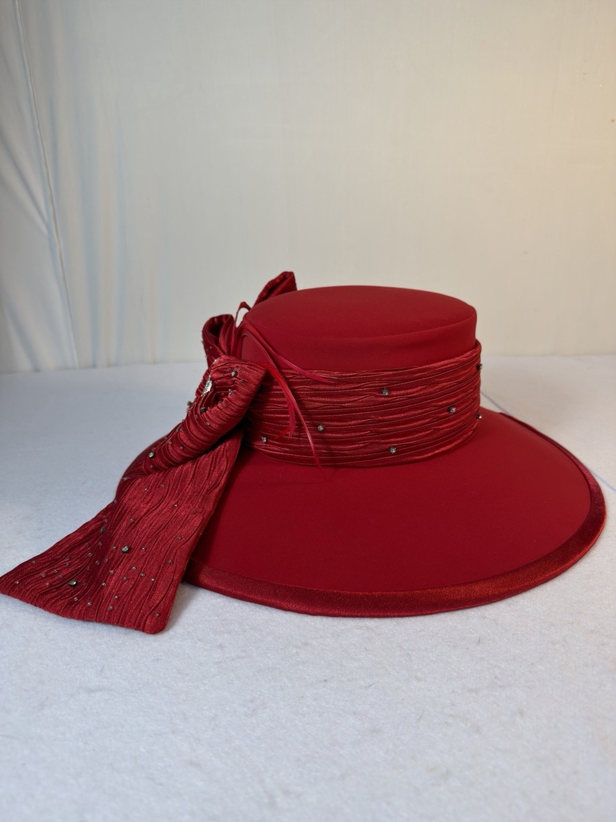 Kentucky Derby Red Wide Brim Hat Rhinestone Bow Church  display picture 3