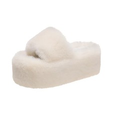 Womens Platform Fur Slide Slippers Fluffy Plush Slip On Indoor House Shoes