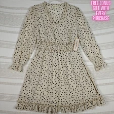 Indigo Rose Cream Polka Dot Long Sleeve Ruffle Mini Dress Size Large NWT