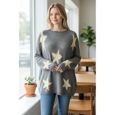 Chelsea & Theodore Blue Grey Cream Star Print Knit Sweater Women's Large NWT