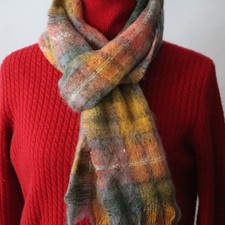 Vintage Foxford Mohair Scarf Orange, Yellow, Gray Plaid w Fringe 9 x 70" Ireland