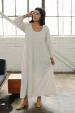 Rachel Pally Linen Midi Dress Beige Natural Long Sleeve Tiered Modest USA Made L