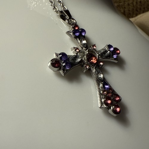 Beautiful Silver Cross With Multi Colored Crystals Pendant Necklace - Picture 6 of 6