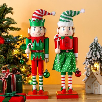 2 Pcs Wooden Red Green Nutcracker 14 Inch Wood Elf Candy Cane Nutcracker Deco...