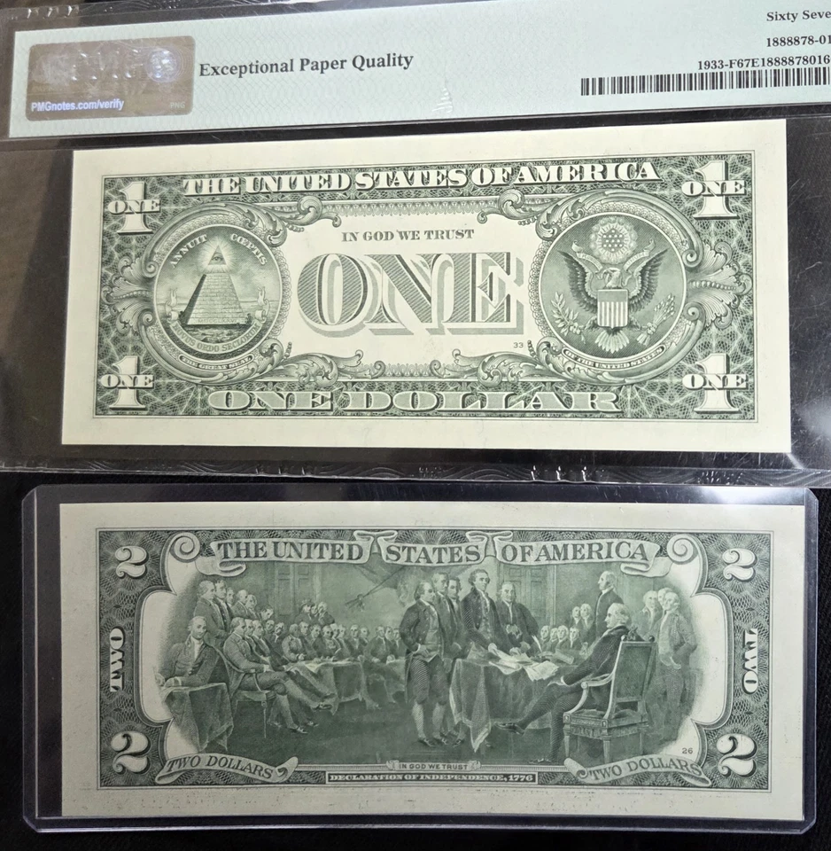 $1 & $2 MATCHING REPEATER SERIAL NUMBERS 93029302 Uncirculated 67EPQ FR1933-F - Image 3 of 4