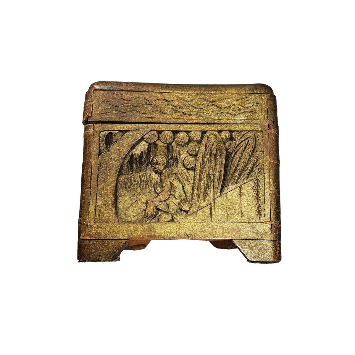 VTG 1920s/1930s George Zee Co Carved Wood Trunk Chest Box Oriental