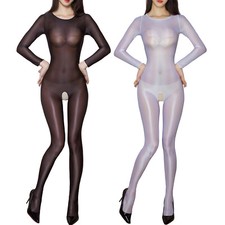 Women Open Crotch Bodysuit See-through Babydoll Lingerie Glossy Sheer Nightwear