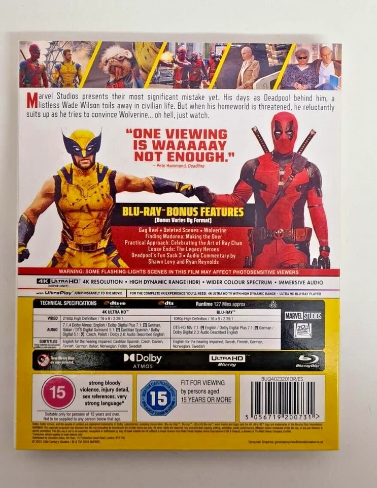 4K UHD BLU-RAY DEADPOOL & WOLVERINE BRAND NEW SEALED UK STOCK - Image 2 of 2