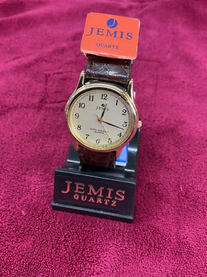 Vtg Jemis Quartz Watch Brown Gold Classic Leather Strap NOS Needs Battery il_1080xN.6529766302_f1a2.jpg main image 4