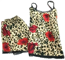 ERICA TAYLOR Nightie Set Cami Tank Top Shorts Size S Satin Lace Leopard Floral 