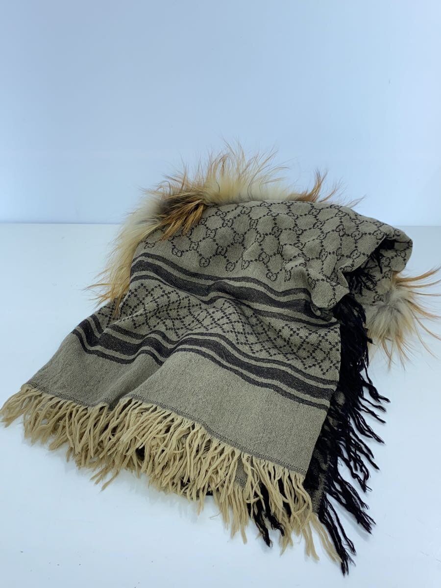 GUCCI Women's Khaki Scarf w/ Total Pattern and Fur Wool