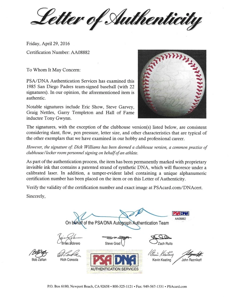 1985 Padres Team Signed Baseball PSA/DNA COA w Tony Gwynn Eric Show Steve Garvey - Image 2 of 4