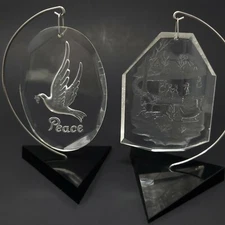 2 Vintage Henco Crystal-Clear Decorations, Peace & Currier & Ives