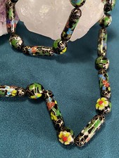 Beautiful Bright Floral on Black Cloisonné 22” Necklace w/ SS 925 Clasp
