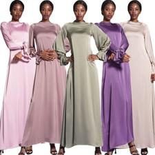 Muslim Islamic Women Satin Long Sleeve Maxi Dress Abaya Kaftan Ramadan Caftan