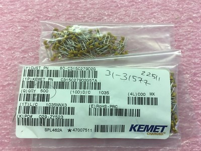 (275 PIECE LOT) C315C279D2G5TA, KEMET, CAP CER 2.7PF 200V NP0 RADIAL RoHS