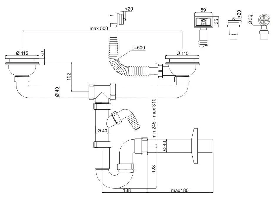 Double Kitchen Sink Drain Waste P-Trap 115mm with additional Overflow