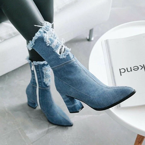 Damen Stiefeletten Schuhe Denim mittlere Wade spitz hohe Absätze gerissener Lochreißverschluss neu - Bild 4 von 16