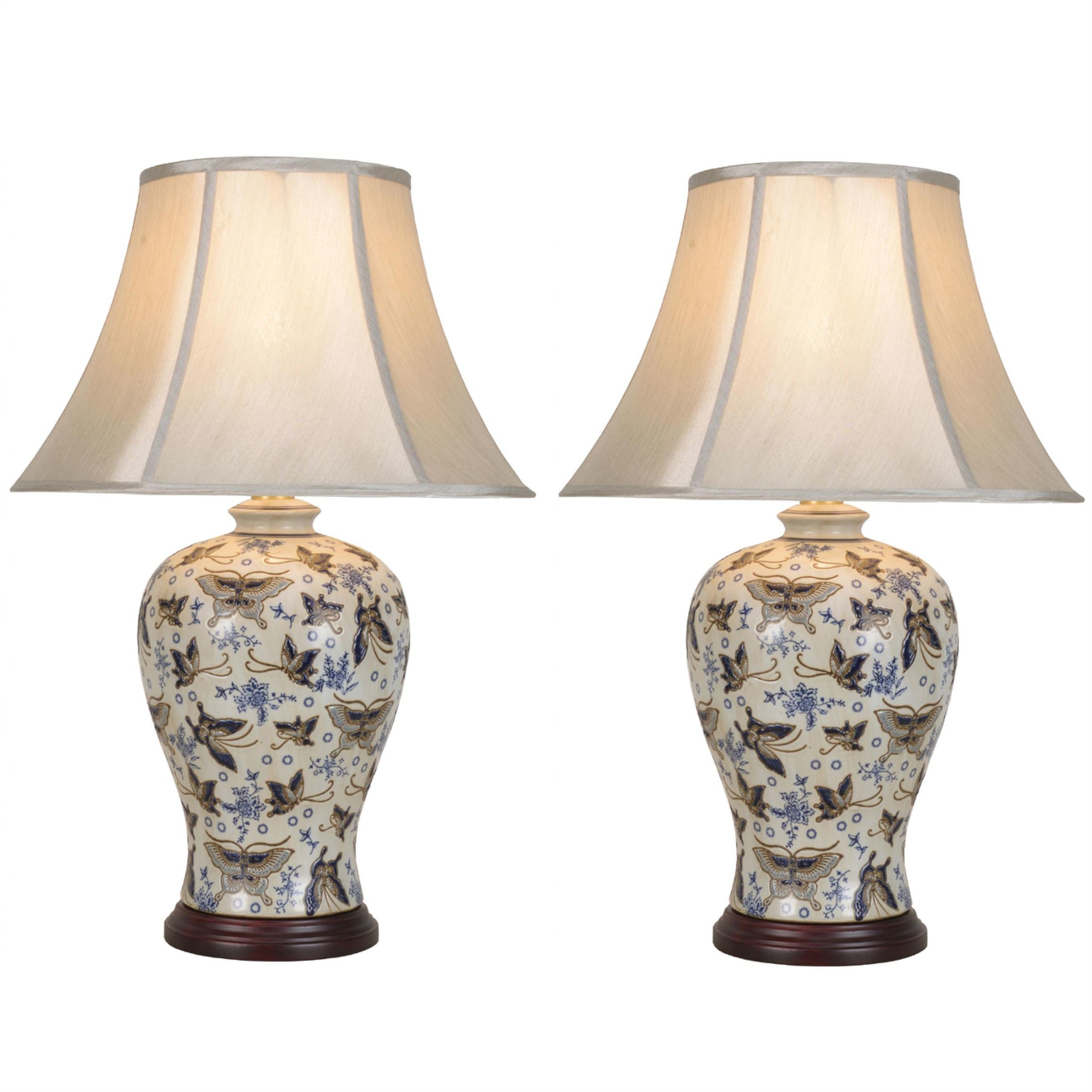 Pair of Chinese Table Lamps with Shades - Ivory with Butterfly Pattern