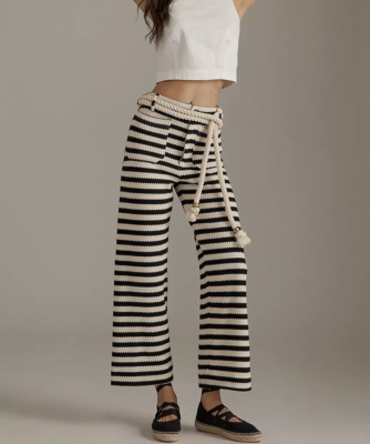 Anthropologie Colette Knit Crop Pants Stripe Maeve Wide Leg Navy