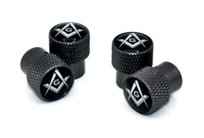 SET OF 4 BLACK CHROME MASONIC KNURLING  UNIVERSAL CAR TRUCK AIR VALVE STEM CAPS 