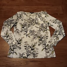 Banana Republic Top Womens XS White Floral Print Long Sleeve Pleated Neckline