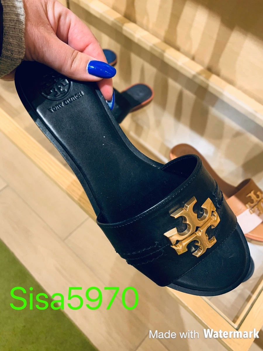 Tory Burch NIB Everly Slide Sandals Leather GOLD Logo Perfect Black MANY SIZES