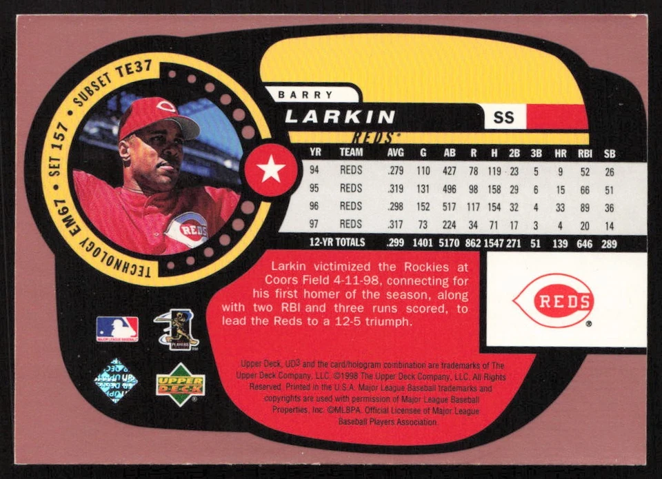 1998 Upper Deck UD3 Barry Larkin #157 Cincinnati Reds - Image 2 of 2