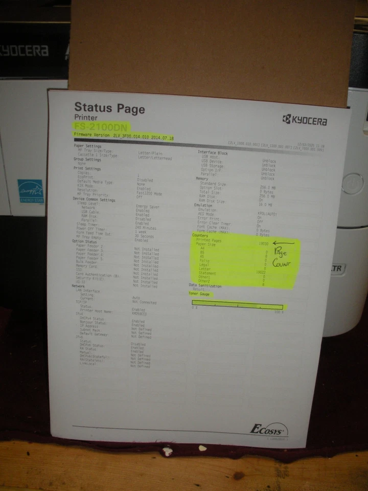 Kyocera EcoSys FS-2100DN Duplex Network Printer Pg Count 19,030 - Image 4 of 4