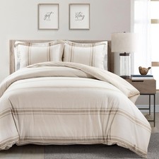 Farmhouse Stripe Reversible Cotton Duvet Cover King Size 3 Piece Set Neutral ...