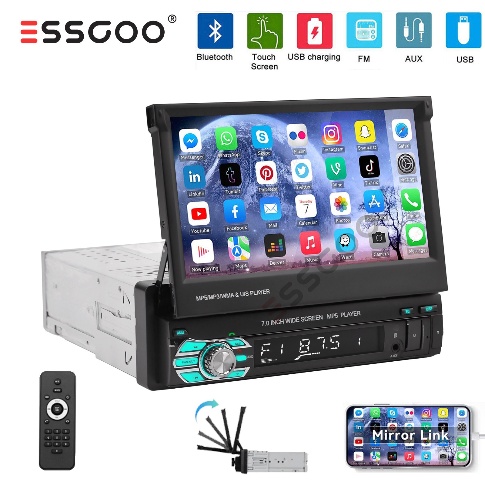 Autoradio Bluetooth 1 Din 7" Schermo HD Touch Screen Radio BT FM USB AUX-IN TF