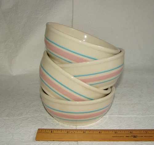 Vtg 70's Nelson McCoy Pink & Blue Stripe SOUP/CEREAL BOWL Set of 4, #7016, MC2