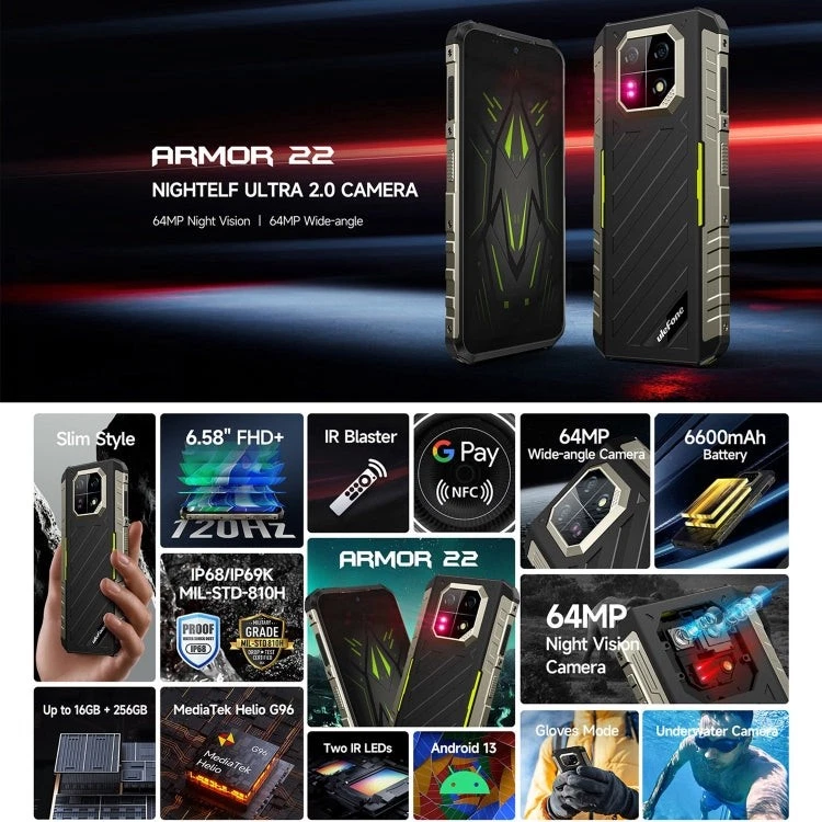 Teléfono resistente Ulefone Armor 22, IP68/IP69K, 6,58 pulgadas Android 13 MediaTek Helio G Foto 2 de 4