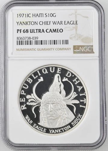1971 C HAITI Silver 10 GOURDES NGC PF-68 YANKTON CHIEF WAR EAGLE