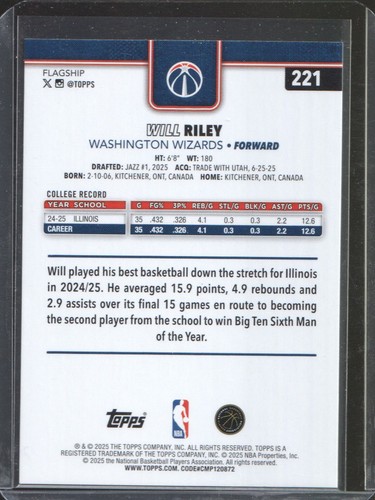 2025-26 Topps Flagship - Will Riley #221 Rookie RC - Washington Wizards - Afbeelding 2 van 2