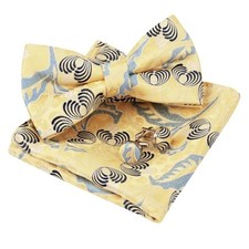 Mens Floral Pre Tied Bow Tie, Pocket Square and Cufflinks Set 012-yellow navy