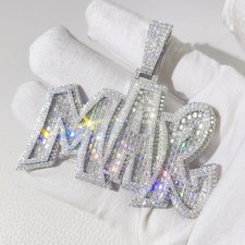 Men's Round  Baguette Real Moissanite Custom Name Plated Pendant 925 Silver