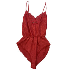 Vintage 80s Lucie Ann II Red Lace Teddy Bodysuit Size Small