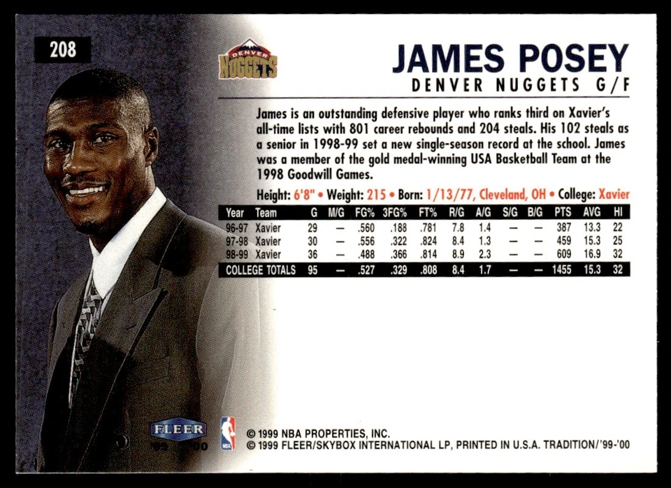 1999-00 Fleer Tradition James Posey Rookie Denver Nuggets #208 - Image 2 of 2