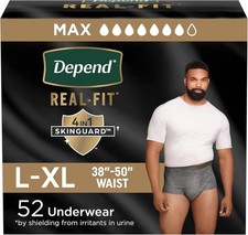  1 NEW Depend L-XL Real Fit Incontinence Underwear for Men Maximum Grey 52 Count
