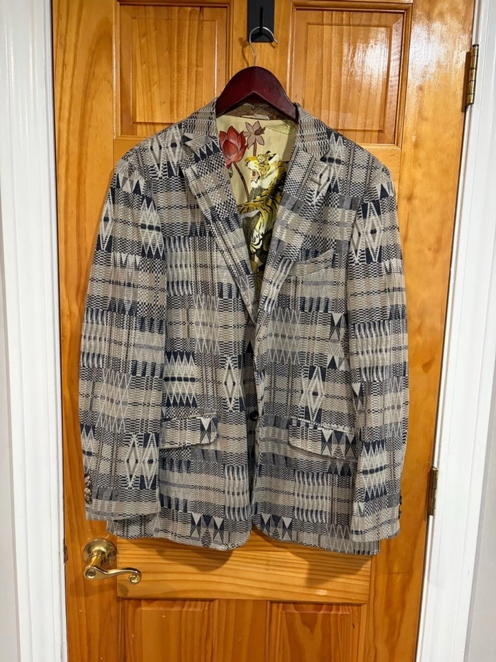Blazer Etro Milano Para Hombre 52 (US 42R) Lino Seda Forro Geométrico Tigre Italia Foto 3 de 4