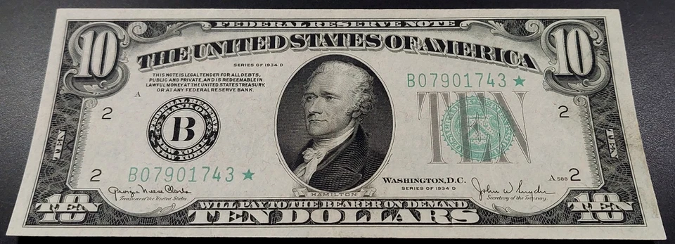 1934 D $10 Federal Reserve Note, STAR NOTE, New York! Uncirculated! Fr# 2009 *. - Image 2 of 4