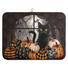 Halloween Black Cat Dish Drying Mat Fall Halloween Pumpkins Large Kitchen Mat...