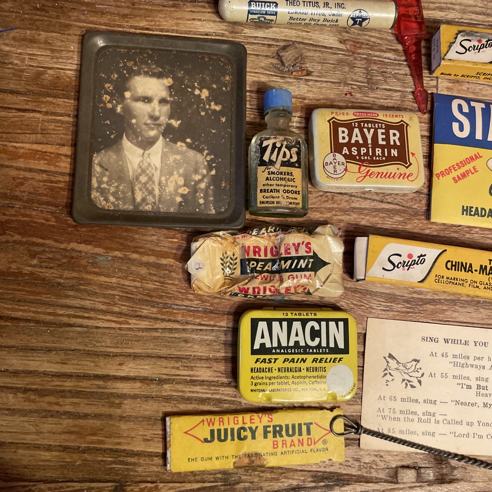 Vintage Items ANACIN Bauer Tin Wrigley’s Juicy Fruit Gum Scripto John Deere Ciga