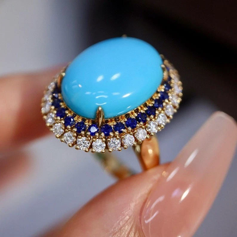 Natural Arizona Turquoise & VVS1 moissanite ring 92.5 silver gold plated Ring - Image 3 of 4