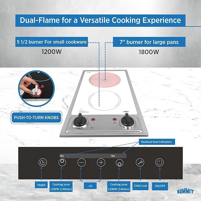 Summit 12 дюймов ширина 115 В 2 горелки сияющая варочная панель, гладкое белое керамическое стекло - Изображение 4 из 4