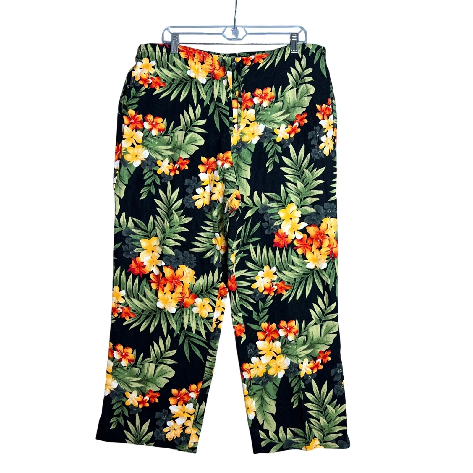White Stag Womens Tropical Wide Leg Ankle Pants Size XL Rayon Black Botanical